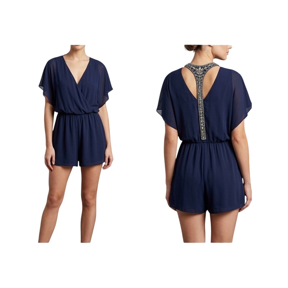 Sequin Hearts Navy Blue Jeweled-Back Chiffon Romper Boho Chic Size S